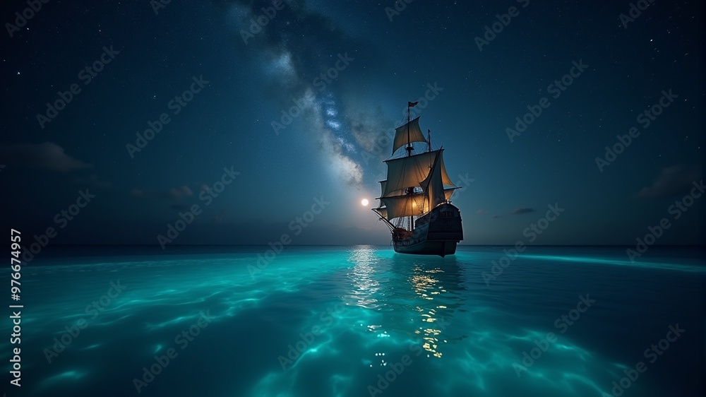 Obraz premium a ship in the ocean with a full moon behind it