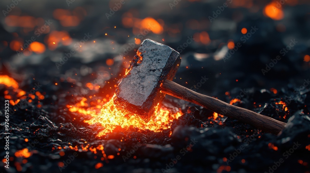 Fototapeta premium Fiery Lava Hammer on Volcanic Rock Surface with Molten Streams - Dramatic and Vibrant 3D Render