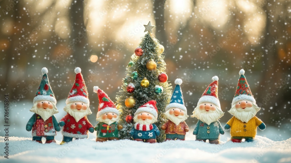 Obraz premium A group of snowmen are standing in front of a Christmas tree
