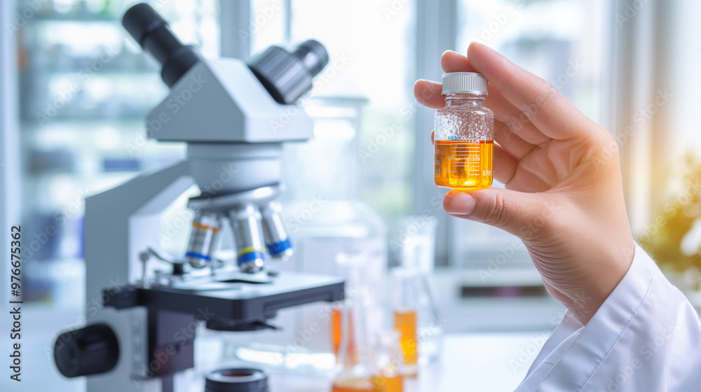 Scientist in lab coat holding vial of experimental drug, with microscope and scientific equipment, symbolizing drug trials and medical research process. Scientist in lab coat holding vial of experimental drug, with microscope and scientific equipment, symbolizing drug trials and medical research process.