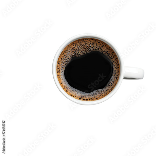 Top view of a white cup filled with black coffee on a black background