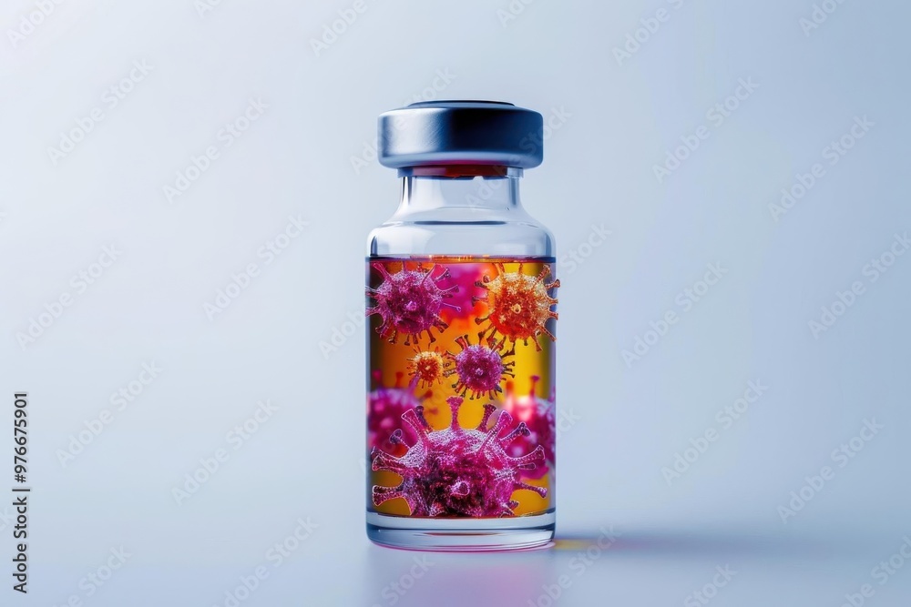 Close-up of a vaccine vial containing a colorful liquid with virus illustrations, symbolizing medical advancement and health. Close-up of a vaccine vial containing a colorful liquid with virus illustrations, symbolizing medical advancement and health.