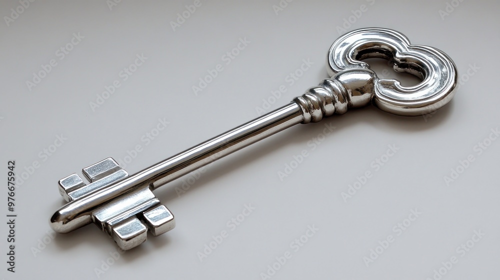 A decorative silver key with an ornate design. A decorative silver key with an ornate design.