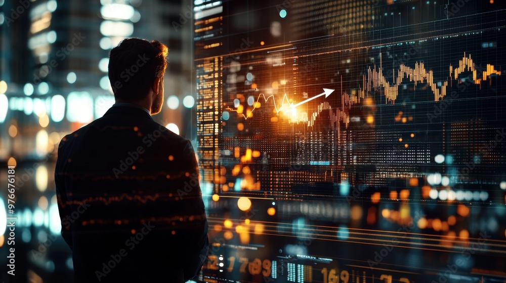 Successful Businessman Analyzing Financial Growth on Screen with Rising Arrow, Market Data Background
