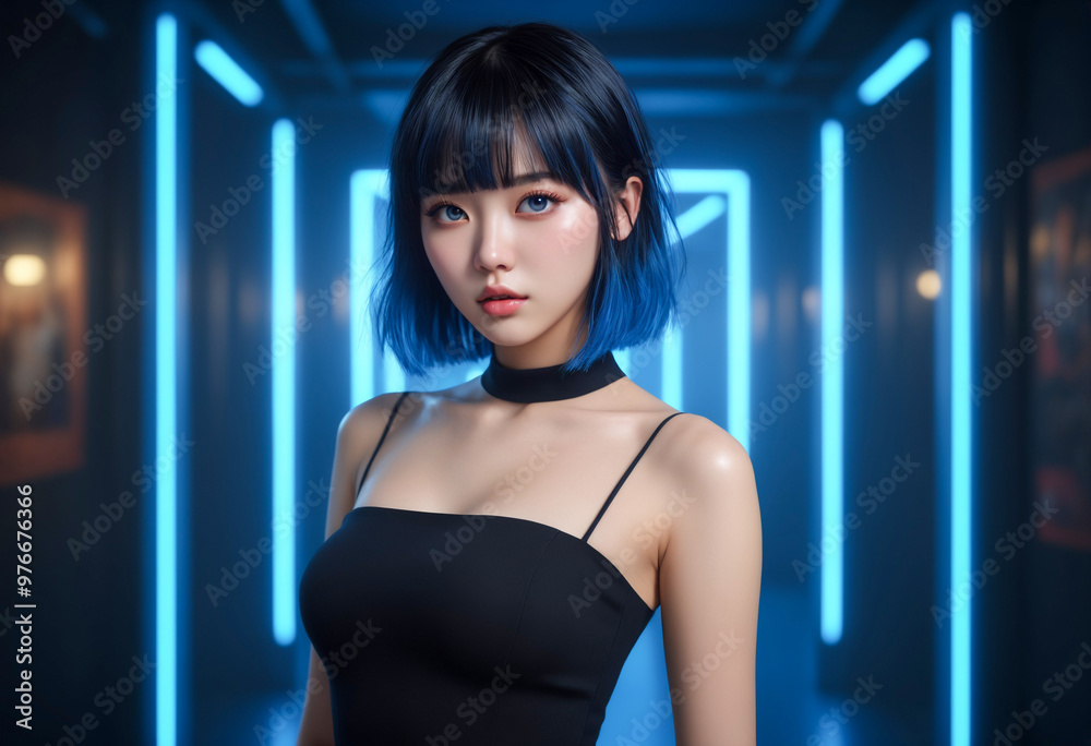 portrait of beautiful woman with short blue hair wearing black tank top with blue neon light background. Generative AI