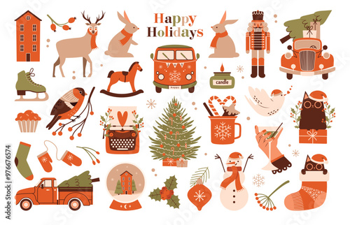 Christmas, New Year clip arts. Big set of cute illustrations of party bus, bullfinch, fir tree, cat in santa's hat, pickup truck, deer, snow globe, red vintage car, gift, birds, rabbits. Flat Design.