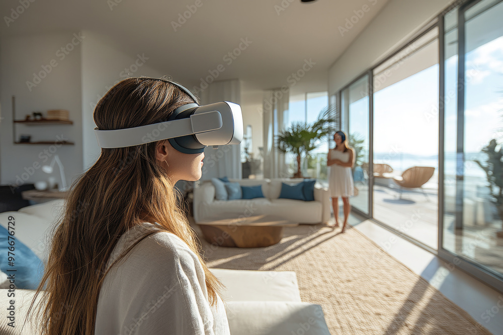 Young women watching VR movies and TV shows indoors Young women watching VR movies and TV shows indoors