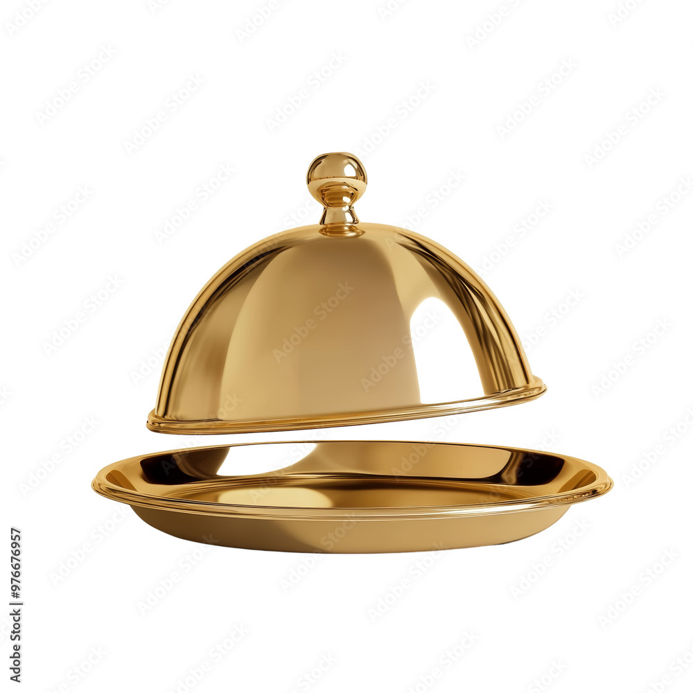 Elegant golden serving cloche revealing a plated dish Elegant golden serving cloche revealing a plated dish