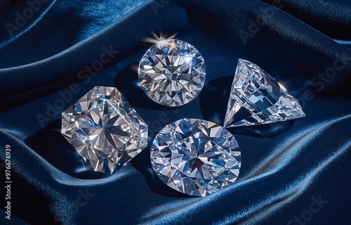 Four loose diamonds of different shapes and sizes are placed on navy blue velvet, in a top-down view, with studio lighting, for product photography