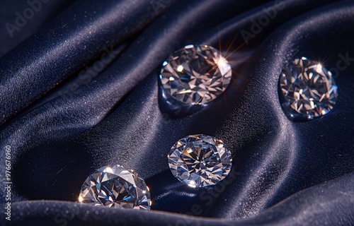 Four loose diamonds of different shapes and sizes are placed on navy blue velvet, illuminated by studio lighting, captured from above