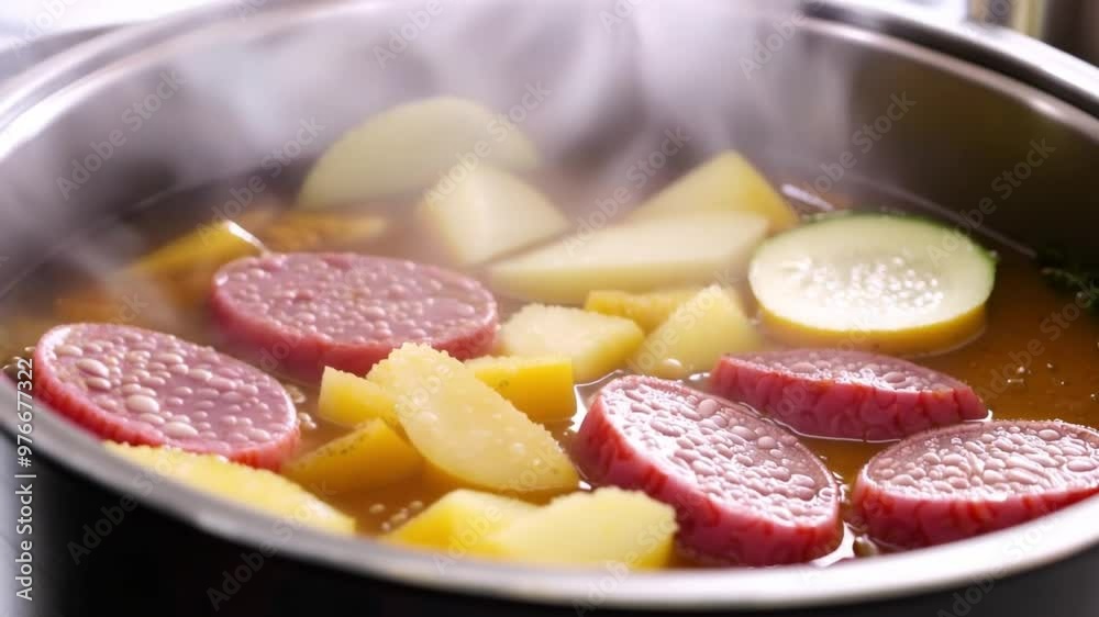 A detailed close-up shot of a pot of soup simmering on the stove, with bubbles rising to the surface and steam billowing out.
A detailed close-up shot of a pot of soup simmering on the stove, with bubbles rising to the surface and steam billowing out.
