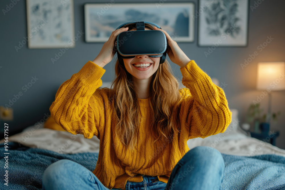 Young women watching VR movies and TV shows indoors