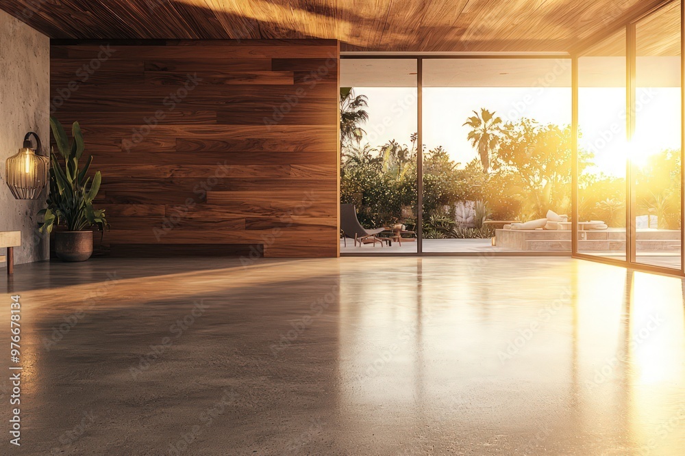3D view of a sunny patio scene from a room with warm concrete and walnut wood walls. 3D view of a sunny patio scene from a room with warm concrete and walnut wood walls.