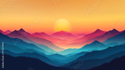 Abstract vector background with a vibrant sunset over mountains, bold geometric peaks and gradient skies, warm hues blending seamlessly for a dynamic landscape