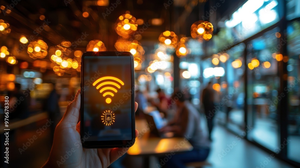 Seamless Connectivity: Smartphone Showing Wi-Fi Signal with Busy Coffee Shop Background Seamless Connectivity: Smartphone Showing Wi-Fi Signal with Busy Coffee Shop Background