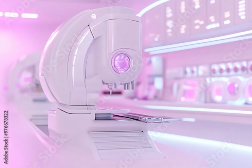 Modern medical device in a bright, pink-themed clinic, offering advanced eye examination technology and inviting ambiance. photo