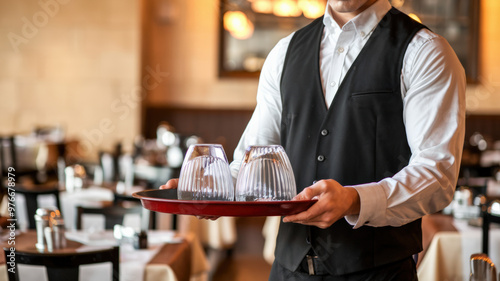 A photo of a server at a restaurant. He is wearing a black vest and a white button-down shirt. He is holding a tray with glasses. The background is a restaurant with tables and chairs. photo