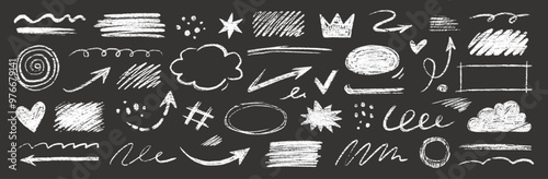 Doodle line chalk brush element set on blackboard. Chalkboard texture brush stroke square, spiral, arrow element scribble line hand drawn sketch design. Crayon pencil style. Vector illustration.