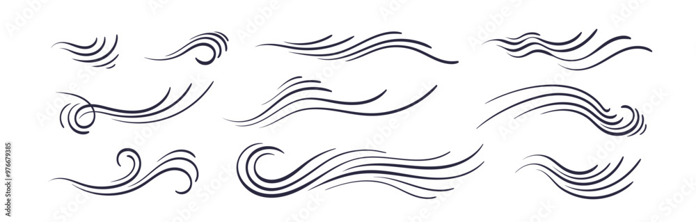 Wind icons, wave flowing. Black thin abstract line