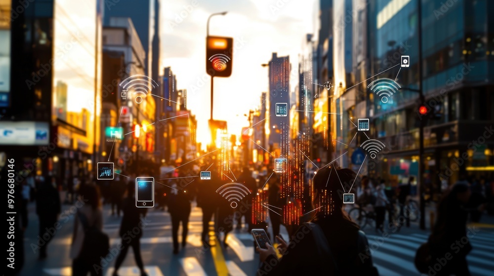 Fototapeta premium Connected Cityscape: Diverse Urban Crowd Engaged with Digital Devices in High-Speed Network Environment