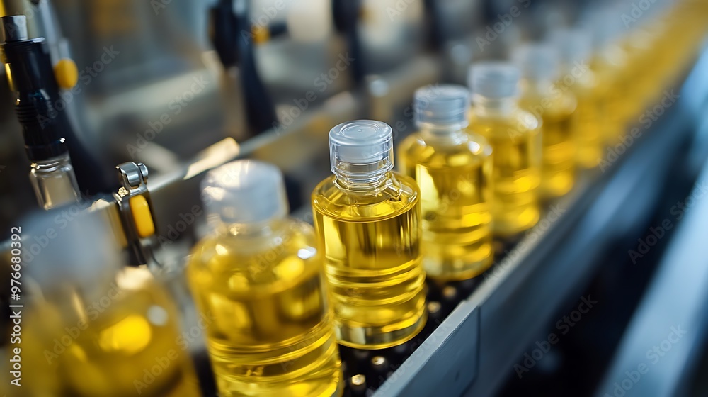 Bottles of Liquid on a Conveyor Belt in a Factory Setting Bottles of Liquid on a Conveyor Belt in a Factory Setting