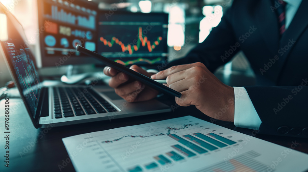 Businessman at desk analyzing revenue charts on digital screen, focused on financial growth and business success, office equipment in background. Businessman at desk analyzing revenue charts on digital screen, focused on financial growth and business success, office equipment in background.