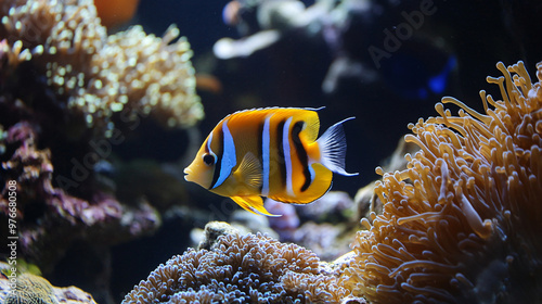 Colorful fish swimming among coral reefs.