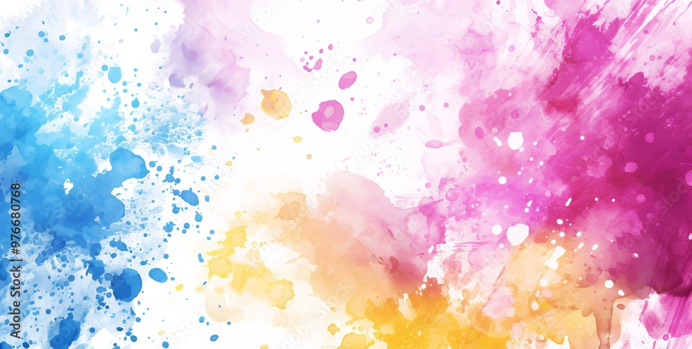 Fototapeta premium Abstract watercolor background with vibrant splashes of blue, yellow, pink, and purple.