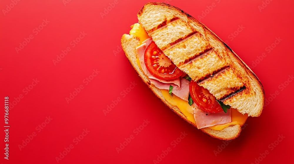A ham and cheese sandwich on a red background. A ham and cheese sandwich on a red background.