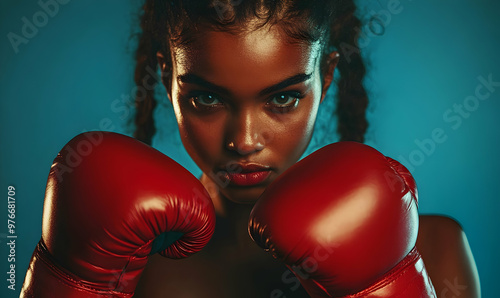 Strong young woman with headphones practising boxing