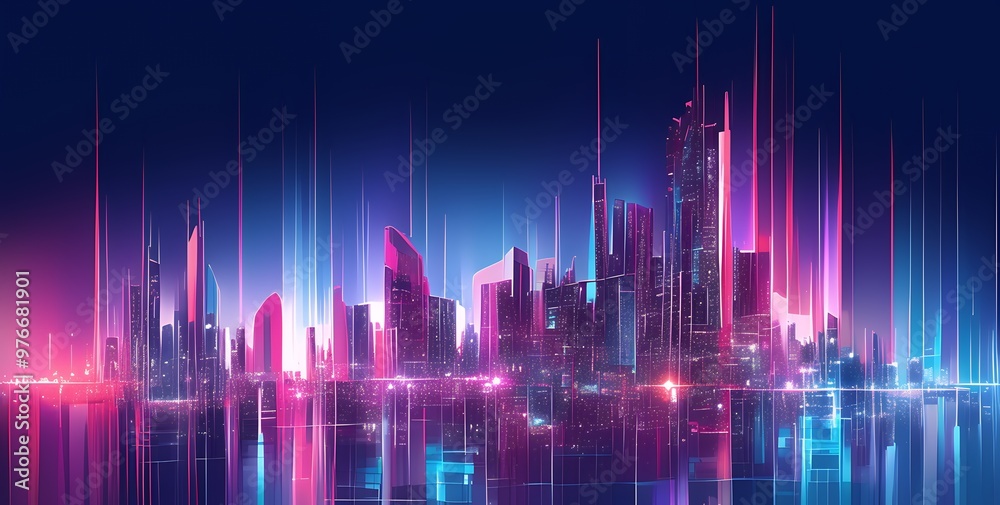 A futuristic cityscape at night, illuminated with vibrant pink and blue neon lights. A futuristic cityscape at night, illuminated with vibrant pink and blue neon lights.