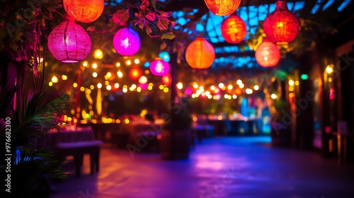 Colorful outdoor evening celebration with vibrant hanging lanterns creating a festive ambiance. Perfect for event and party themes.