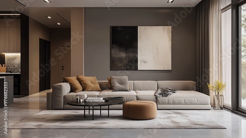 Modern apartment interior with a comfy beige sofa, stylish decor, large windows, and contemporary artwork on the wall.