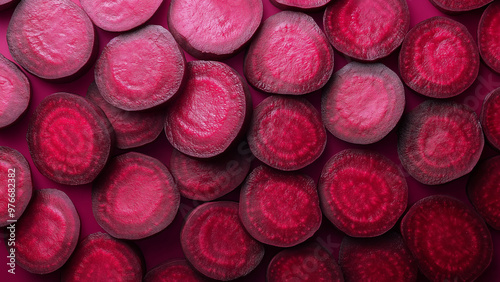 Red beets slices close up macro spread, Sliced root vegetables for nutrition superfood beet vegetable