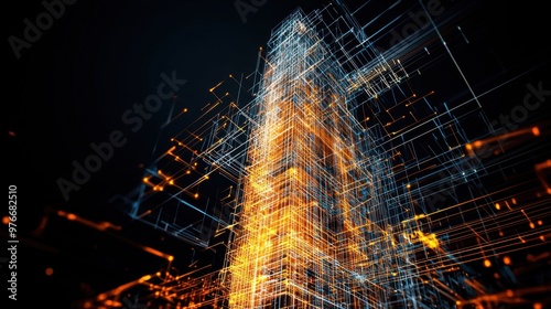 Futuristic Wireframe Hologram of Gold-Embellished Skyscraper on Black Background