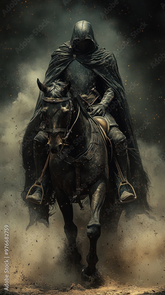 Dark figure in a cloak riding a horse through a smoky landscape. Dark figure in a cloak riding a horse through a smoky landscape.
