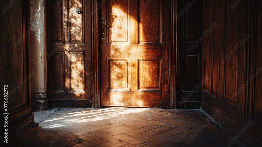 A slightly open wooden door allows beams of light to dance on the floor, beckoning curiosity and intrigue. A slightly open wooden door allows beams of light to dance on the floor, beckoning curiosity and intrigue.