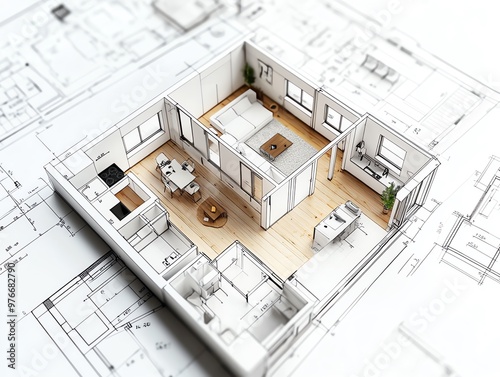 3D rendering of a modern apartment layout on architectural blueprints. Detailed design with open concept living space, bedroom, and kitchen.