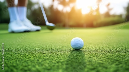 A golfer lines up his putt on a green, with the sun shining in the background.