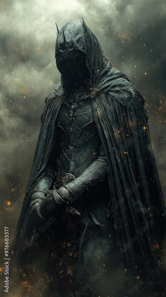 A mysterious armored figure shrouded in a dark cloak. A mysterious armored figure shrouded in a dark cloak.