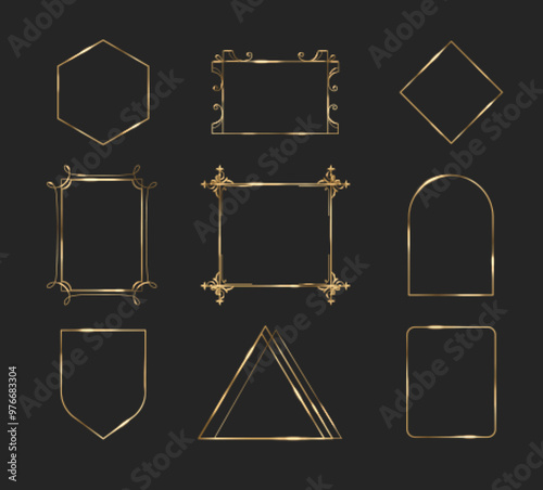 Gold thin frame. Luxury rectangle shape line border vector. Elegant square art deco boarder element for premium vintage design. Birthday or wedding chic and minimal ornament cadre with metal gradient