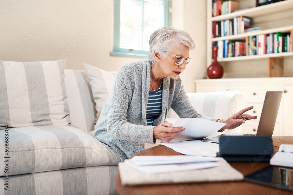 Senior woman, paperwork and laptop for insurance in home, bills and online for banking payment. Female person, asset management and website to review mortgage interest, documents and notes for budget Senior woman, paperwork and laptop for insurance in home, bills and online for banking payment. Female person, asset management and website to review mortgage interest, documents and notes for budget