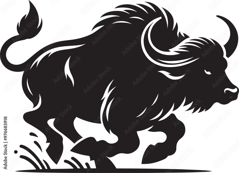 Fototapeta premium Wild Running Buffalo Silhouette vector illustration isolated on a white background