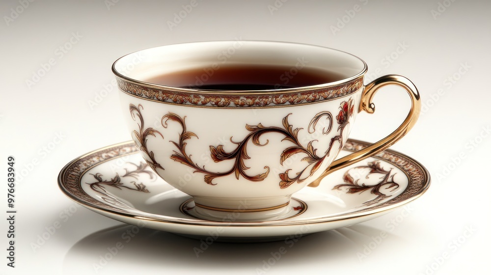Elegant teacup with saucer filled with dark tea. Elegant teacup with saucer filled with dark tea.