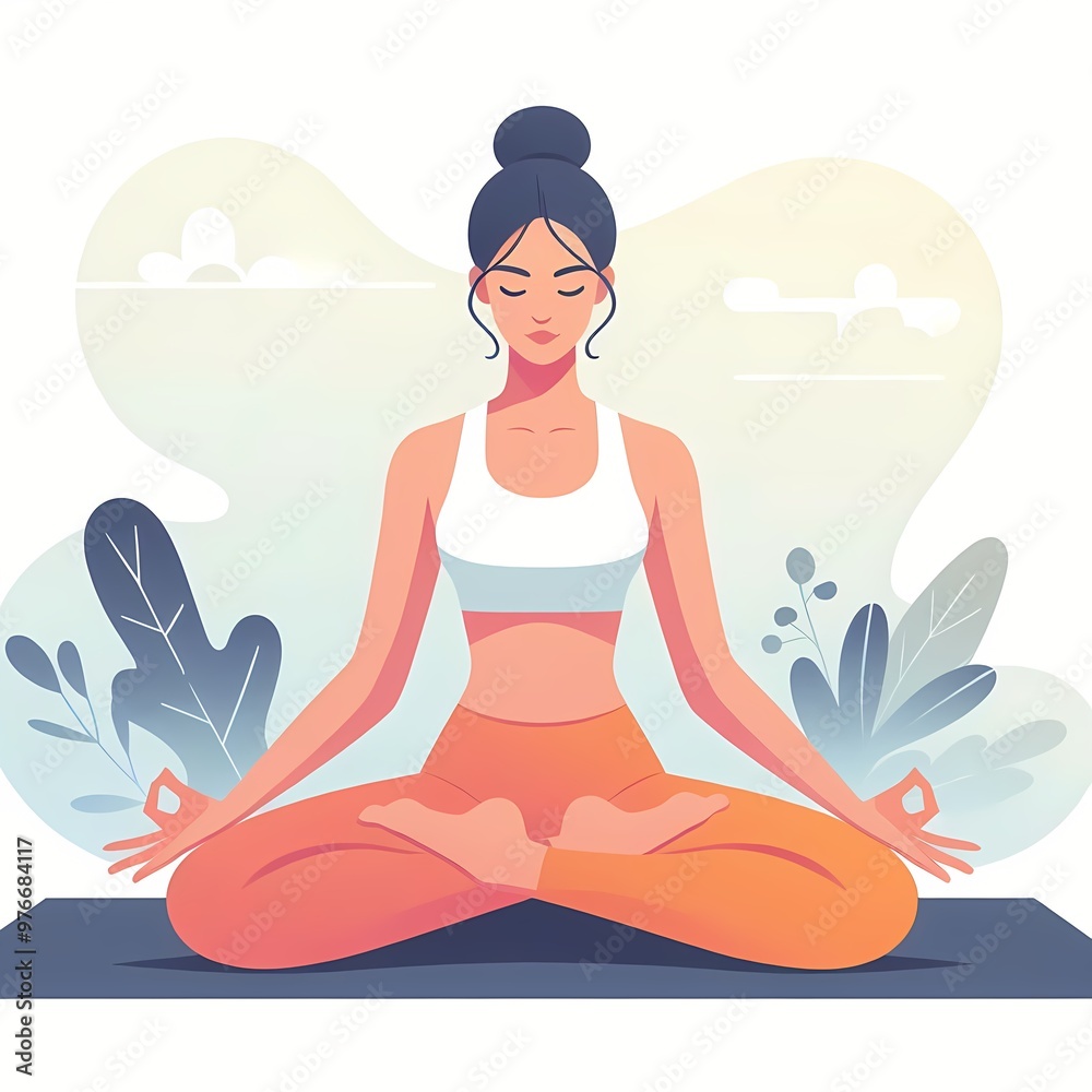 Woman Meditating in Lotus Pose with Peaceful Background Illustration Woman Meditating in Lotus Pose with Peaceful Background Illustration