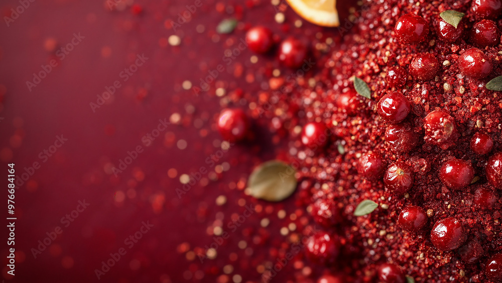 Red sumac berries scattered on deep burgundy background showcasing tangy Middle Eastern spice ingredient