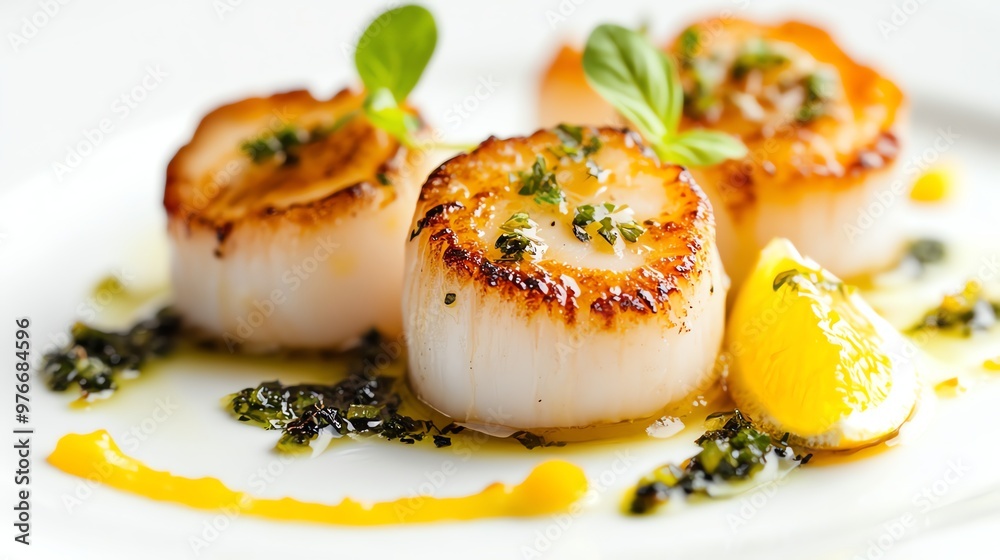 Seared scallops with a citrus sauce and a garnish of herbs.