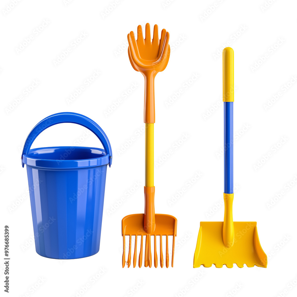 Colorful children's gardening tools, bucket, rake, and shovel Colorful children's gardening tools, bucket, rake, and shovel