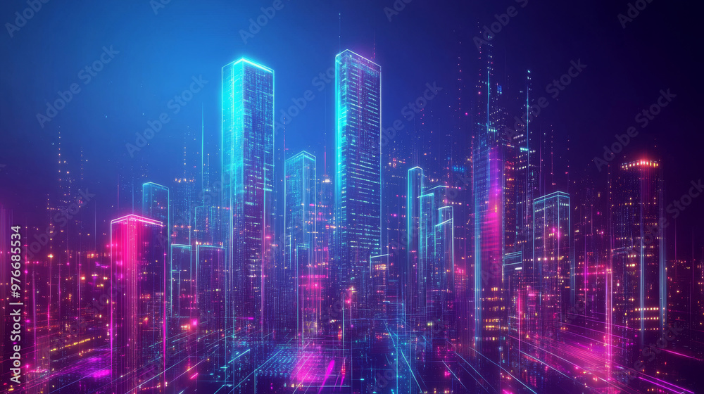 Vision of a smart digital city showcasing high-rise towers in a futuristic urban setting. Includes abstract digital buildings and virtual reality elements, depicted in a modern technology. Vision of a smart digital city showcasing high-rise towers in a futuristic urban setting. Includes abstract digital buildings and virtual reality elements, depicted in a modern technology.