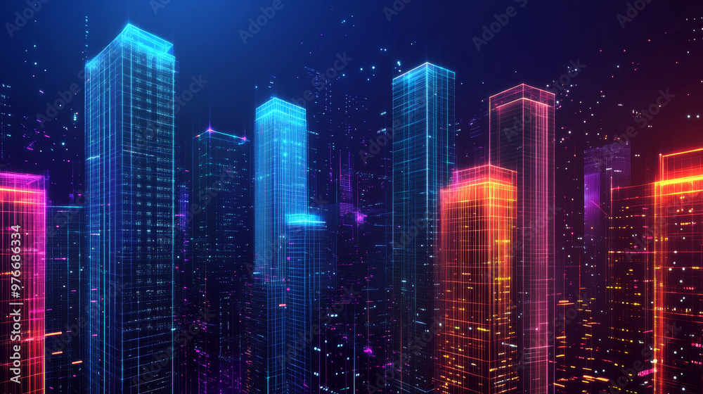 Vision of a smart digital city showcasing high-rise towers in a futuristic urban setting. Includes abstract digital buildings and virtual reality elements, depicted in a modern technology.